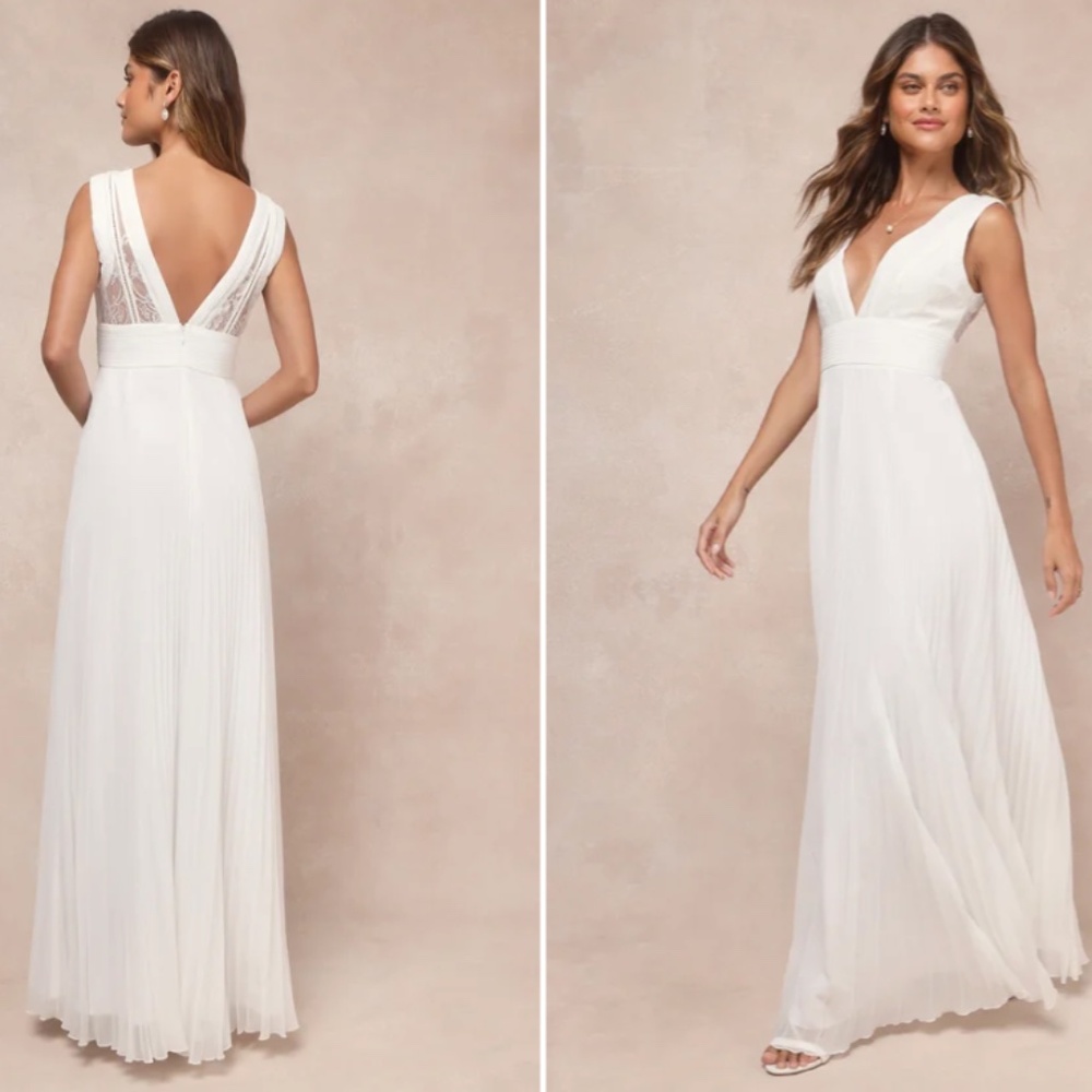 LULU's Elegant Wedding Bridal Shower Engagement Lacy Flowy Chiffon Maxi Gown